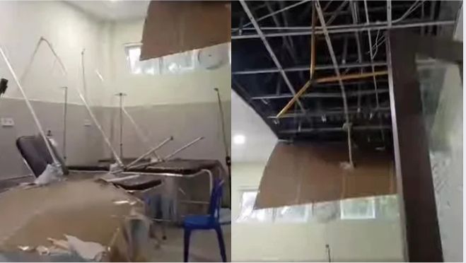 kondisi plafon Puskesmas Sikur yang ambruk diterpa hujan deras