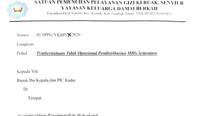 Dana BANPER Tersendat, SPPG Senyiur Tidak Distribusi MBG Mulai Hari Ini